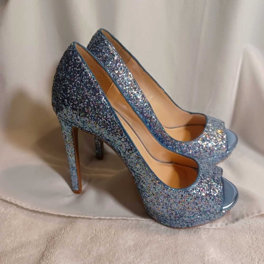 New Qupid 5.5 multi blue glitter platform peeptoe heels